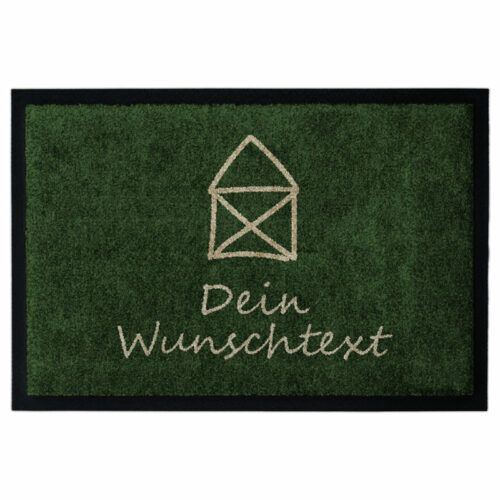 Personalisierte Fußmatte „Kleines Haus“ in Grün mit Hausmotiv und Beschriftung "Dein Wunschtext".