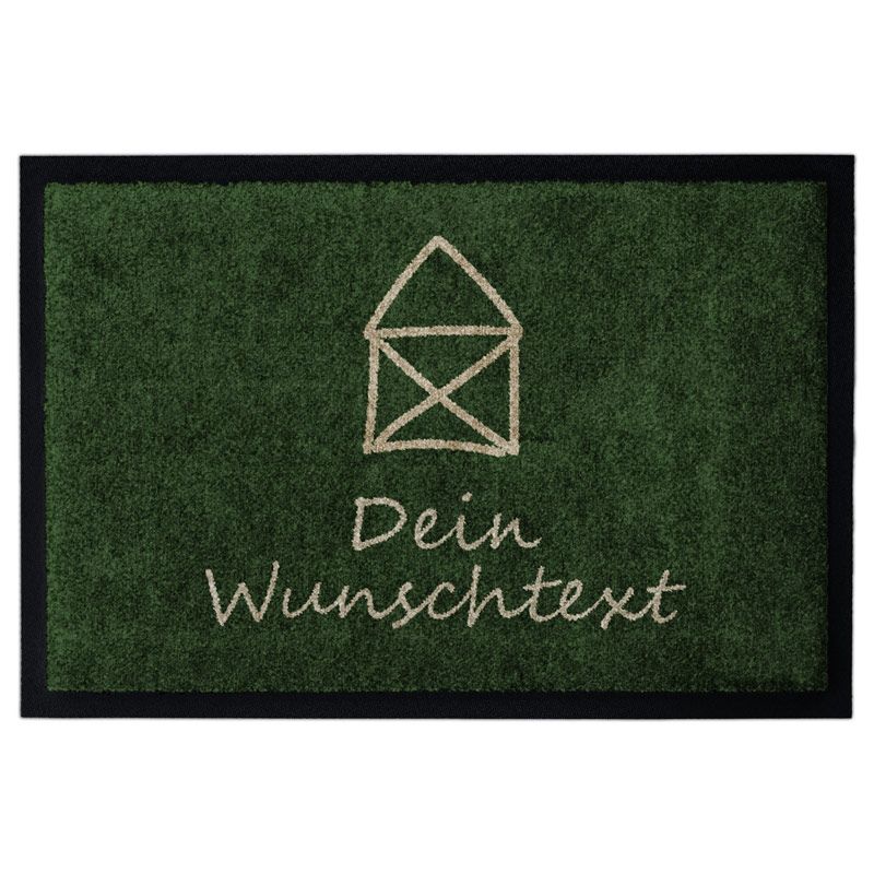 Personalisierte Fußmatte „Kleines Haus“ in Grün mit Hausmotiv und Beschriftung "Dein Wunschtext".