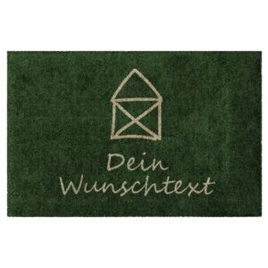 Personalisierte Fußmatte „Kleines Haus“ in Grün mit Hausmotiv und Beschriftung "Dein Wunschtext".