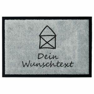 Personalisierte Fußmatte „Kleines Haus“ in Grau mit Hausmotiv mit Gummirand und Beschriftung "Wunschtext".