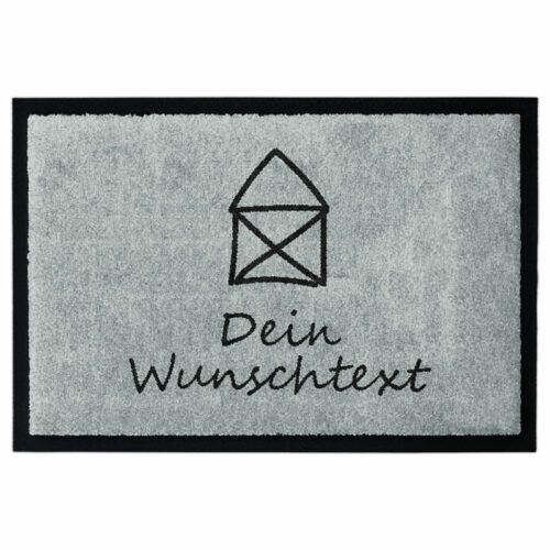 Personalisierte Fußmatte „Kleines Haus“ in Grau mit Hausmotiv mit Gummirand und Beschriftung "Wunschtext".