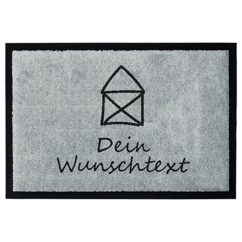 Personalisierte Fußmatte „Kleines Haus“ in Grau mit Hausmotiv mit Gummirand und Beschriftung "Wunschtext".
