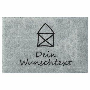 Personalisierte Fußmatte „Kleines Haus“ in Grau mit Hausmotiv ohne Gummirand und Beschriftung "Wunschtext".