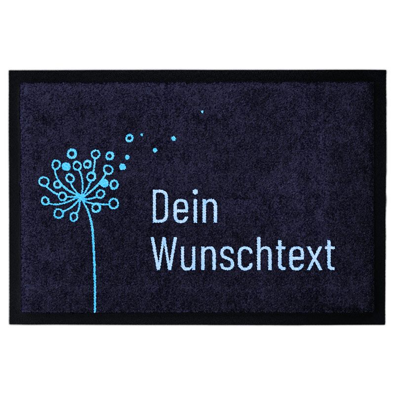 Personalisierbare Fußmatte mit einer Pusteblume auf Hintergrund in Blau mit Platzhaltertext "Dein Wunschtext"