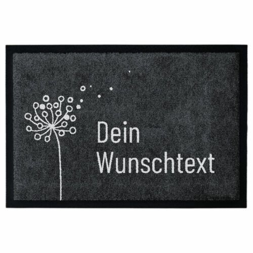 Personalisierbare Fußmatte mit einer Pusteblume auf Hintergrund in Grau mit Platzhaltertext "Dein Wunschtext"