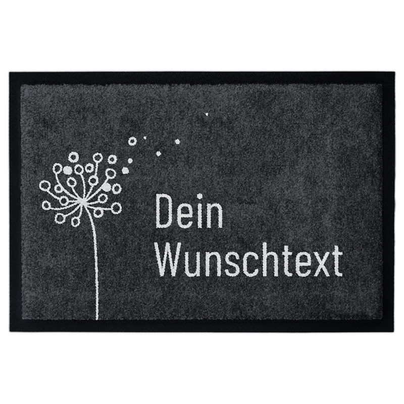 Personalisierbare Fußmatte mit einer Pusteblume auf Hintergrund in Grau mit Platzhaltertext "Dein Wunschtext"