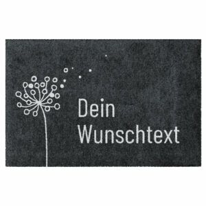 Personalisierbare Fußmatte mit einer Pusteblume auf Hintergrund in Grau mit Platzhaltertext "Dein Wunschtext"