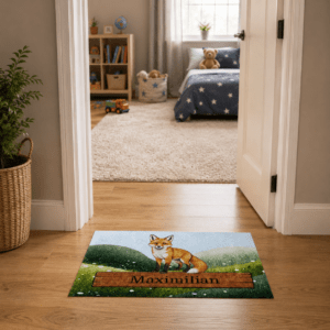 Waschbare Kinder-Matte mit Fuchsmotiv und eigenem Namen vor einem Kinderzimmer.
