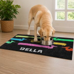 Waschbare Hundematte mit bunten Dackeln. Beispielbild mit Hund, der aus Napf frisst, der auf der Matte steht.