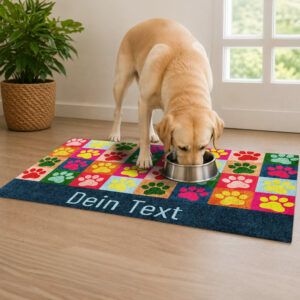 waschbare Hundematte mit bunter Collage aus Pfoten. Beispielbild mit Hund