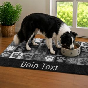 waschbare Hundematte mit grauer Collage aus Pfoten. Beispielbild mit Hund.