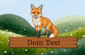 Waschbare Kinder-Matte mit Fuchsmotiv und eigenem Namen vor einem Kinderzimmer. Ansicht von oben mit Text "Dein Text"