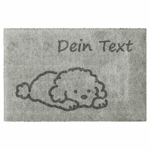 Waschbare Hundematte "Doodle" mit Wunschtext. Produktbild in Farbe Kieselgrau.