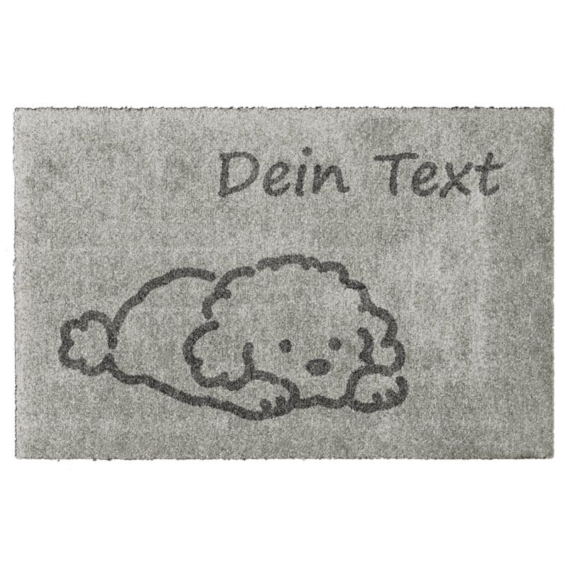 Waschbare Hundematte "Doodle" mit Wunschtext. Produktbild in Farbe Kieselgrau.