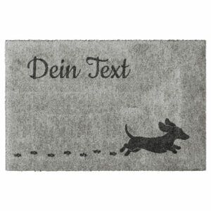 Waschbare Hundematte mit rennendem Hund. Farbe Greige