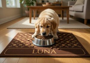 Beispielbild: waschbare Hundematte mit Pfoten-Muster. Farbe Beige auf Braun