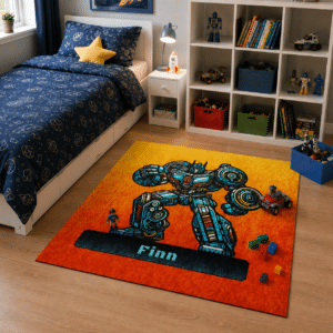 Waschbarer Kinder-Spielteppich und Spielmatte und eigenem Wunsch-Text. mit Robotermotiv mit gelb-rotem Hintergrund. Beispielbild in einem Kinderzimmer.