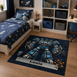 Waschbare, rutschhemmende Spielmatte für Kinder mit Roboter-Motiv und eigenem Wunschtext zum selber Gestalten. Beispielbild im Kinderzimmer.
