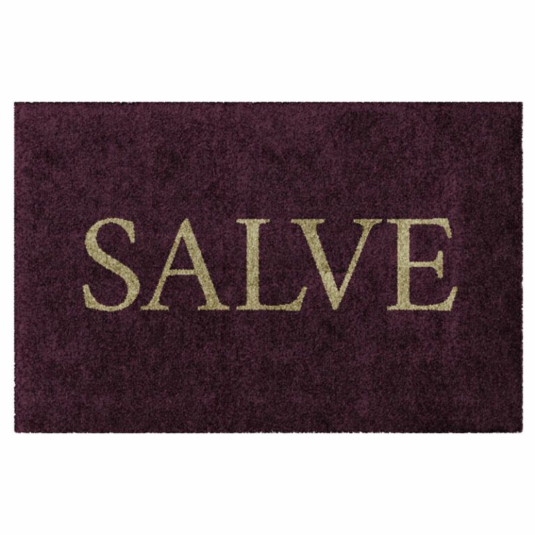 Waschbare Fußmatte in Dunkelrot mit Aufdruck "SALVE"
