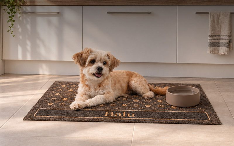 Niedlicher Hund, der auf einer selbst gestalteten Hunde-Matte liegt