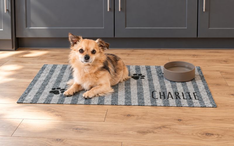 Waschbare Hundematte und Napfunterlage in Grau mit Streifen und Pfoten-Grafik mit eigenem Text personalisierbar. Beispielbild mit Hund in einer Küche