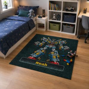 Waschbarer Kinder-Spielteppich und Spielmatte und eigenem Wunsch-Text. mit Robotermotiv mit dunkelgrünem Hintergrund. Beispielbild in einem Kinderzimmer.