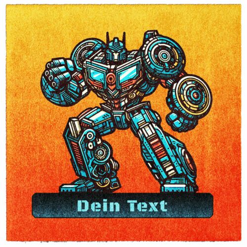 Waschbarer Kinder-Spielteppich und Spielmatte und eigenem Wunsch-Text. Kinder-Matte mit Robotermotiv mit gelb-rotem Hintergrund.