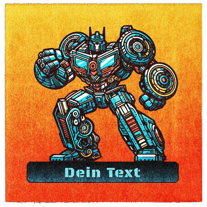 Waschbarer Kinder-Spielteppich und Spielmatte und eigenem Wunsch-Text. Kinder-Matte mit Robotermotiv mit gelb-rotem Hintergrund.